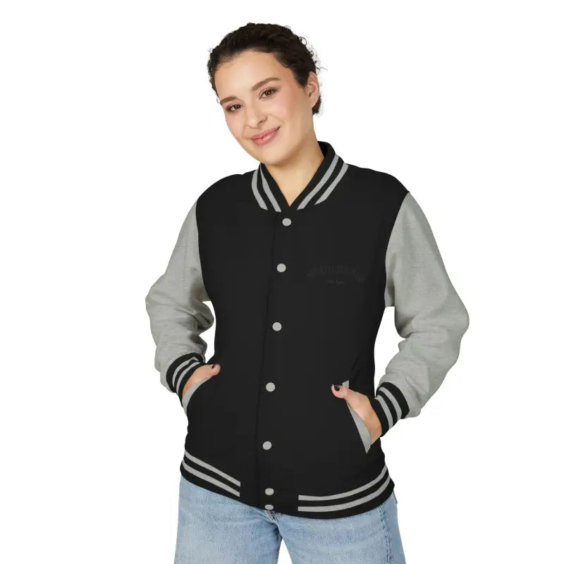 Black and gray varsity jacket with striped cuffs and collar from Classic Varsity Jacket Collection