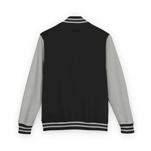 Black varsity jacket with light grey sleeves and striped cuffs from Classic Varsity Jacket Collection