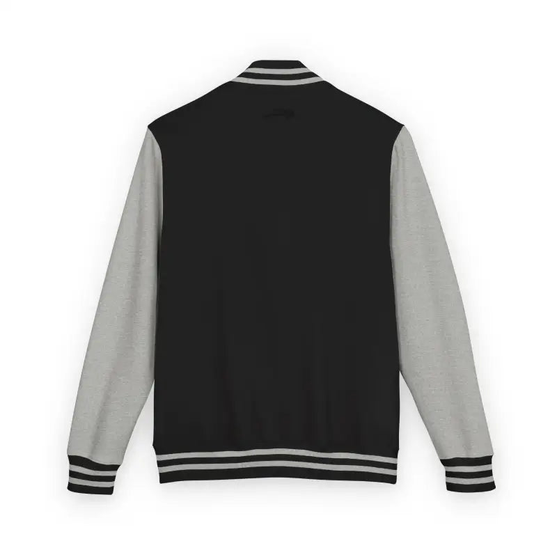 Black varsity jacket with light grey sleeves and striped cuffs from Classic Varsity Jacket Collection