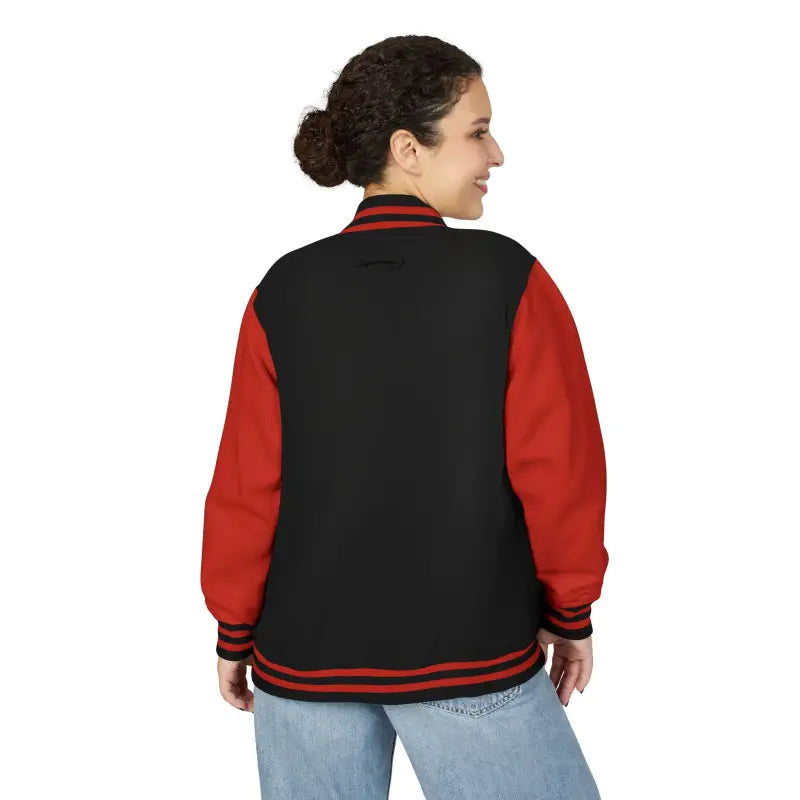 Black and red varsity jacket with striped cuffs and collar from Classic Varsity Jacket Collection