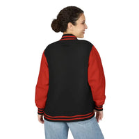 Black and red varsity jacket with striped cuffs and collar from Classic Varsity Jacket Collection