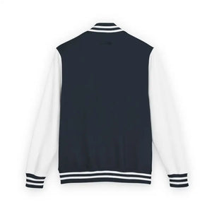 Black and white varsity jacket with striped cuffs and collar from Classic Varsity Jacket Collection