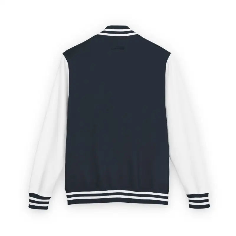 Black and white varsity jacket with striped cuffs and collar from Classic Varsity Jacket Collection