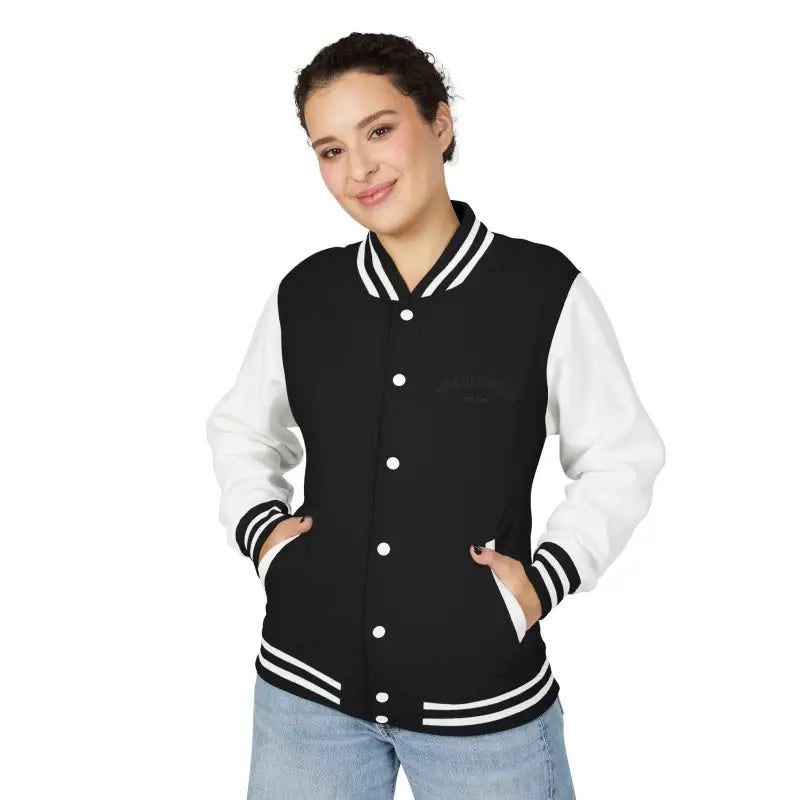 Black and white varsity jacket with ribbed trim and snap buttons from Classic Varsity Jacket Collection