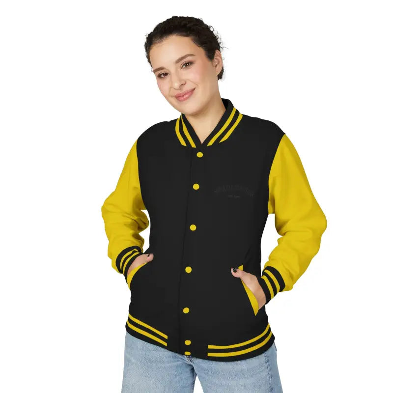 Black and yellow varsity jacket with ribbed cuffs and hem from Classic Varsity Jacket Collection
