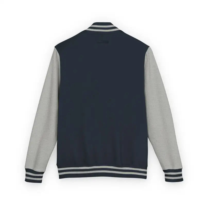 Dark blue varsity jacket with light gray sleeves and striped cuffs from Classic Varsity Jacket Collection