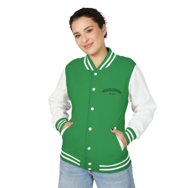 Green and white varsity jacket with snap buttons from the Classic Varsity Jacket Collection