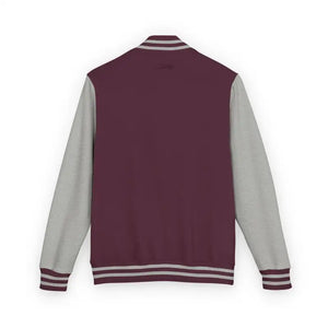 Maroon and grey varsity jacket with striped cuffs and collar from Classic Varsity Jacket Collection