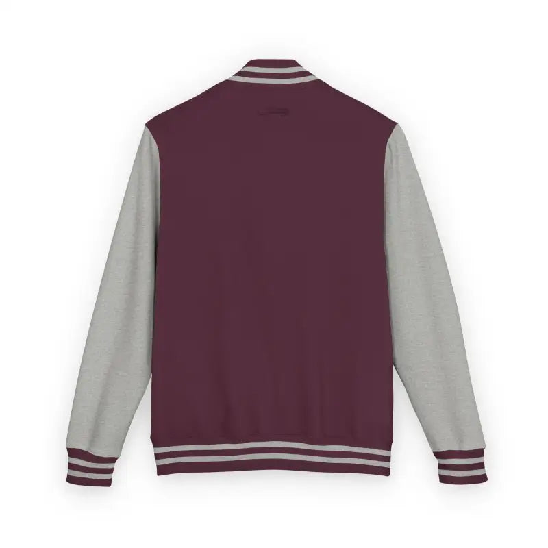 Maroon and grey varsity jacket with striped cuffs and collar from Classic Varsity Jacket Collection