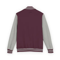 Maroon and grey varsity jacket with striped cuffs and collar from Classic Varsity Jacket Collection