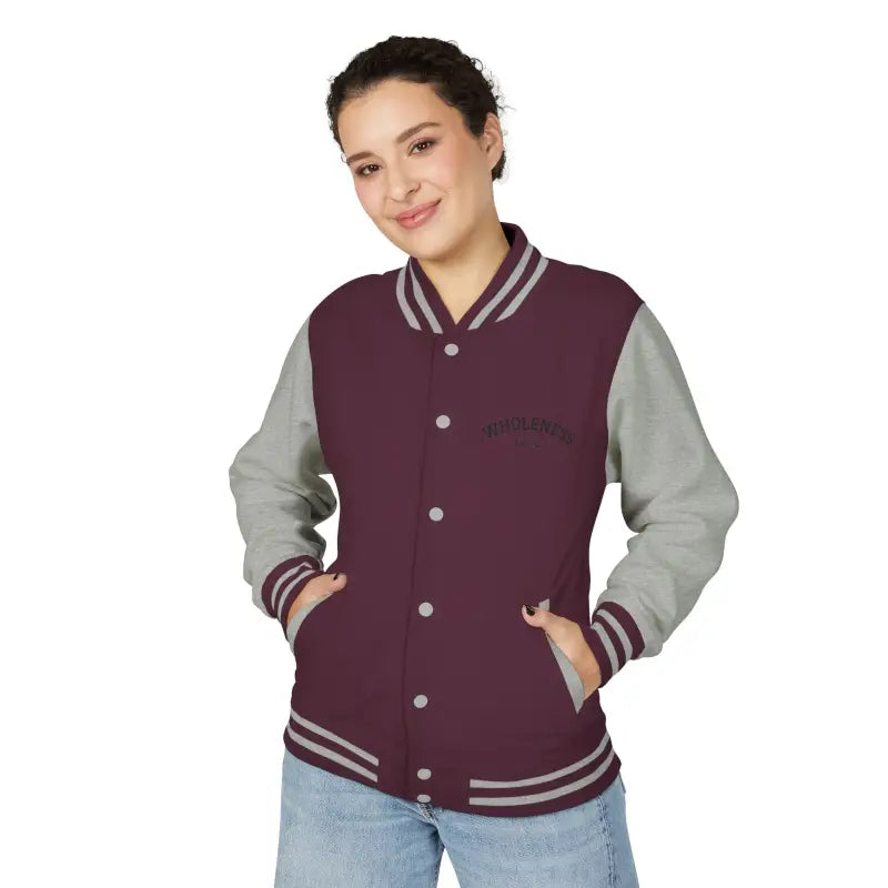 Maroon and grey varsity jacket with white striped trim from Classic Varsity Jacket Collection
