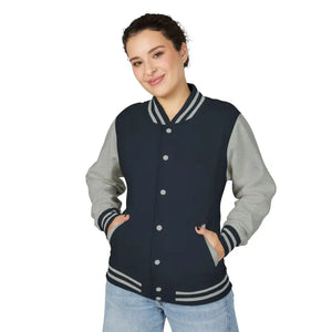 Navy blue and gray varsity jacket with snap buttons and striped ribbed trim from Classic Varsity Jacket Collection