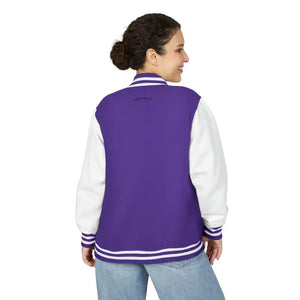 Person wearing a purple and white varsity jacket from the Classic Varsity Jacket Collection