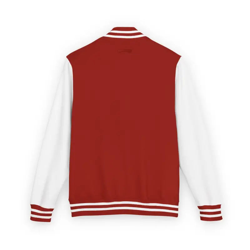 Red and white varsity jacket with striped cuffs and collar from Classic Varsity Jacket Collection