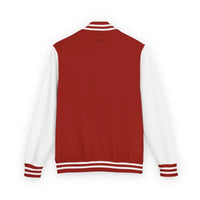 Red and white varsity jacket with striped cuffs and collar from Classic Varsity Jacket Collection