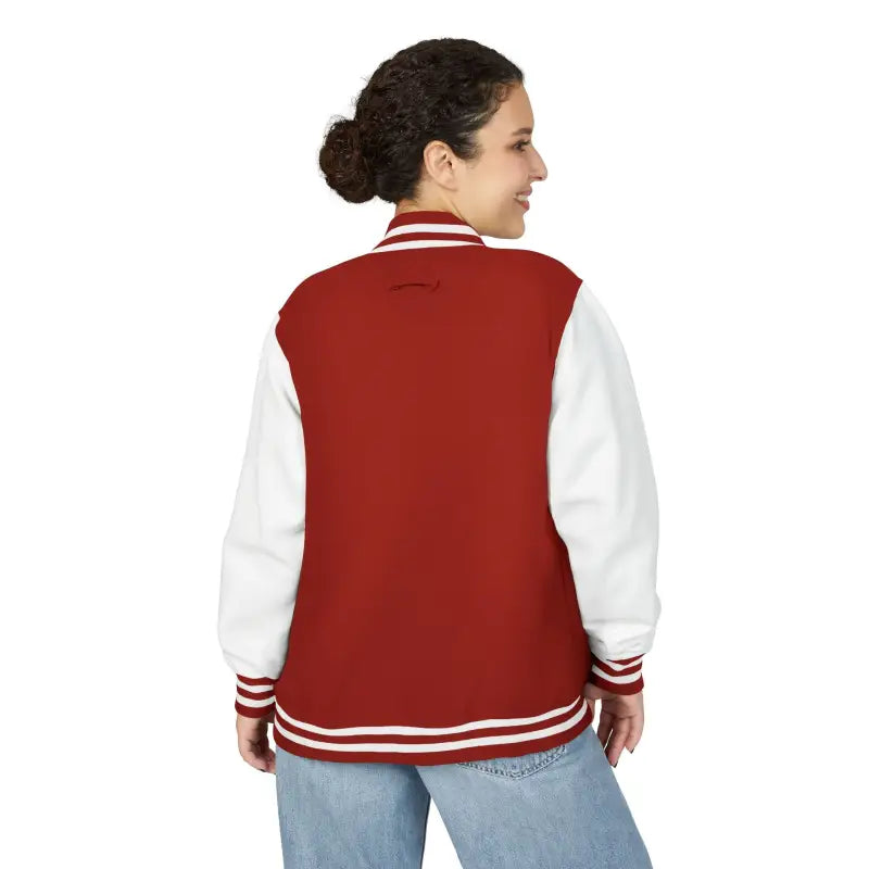 Woman wearing a red and white varsity jacket from the Classic Varsity Jacket Collection