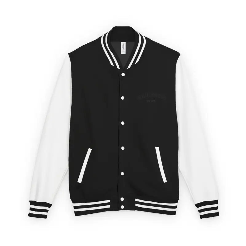 Black and white varsity jacket with ribbed cuffs and collar from the Classic Varsity Jacket Collection