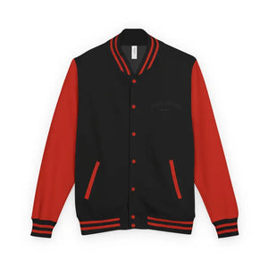 Black and red varsity jacket with snap buttons and striped ribbed trim from Classic Varsity Jacket Collection