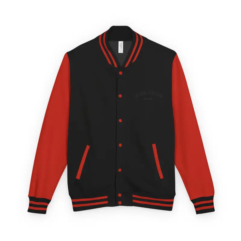 Black and red varsity jacket with snap buttons and striped ribbed trim from Classic Varsity Jacket Collection