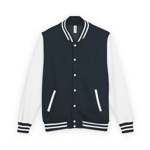 Navy blue varsity jacket with white sleeves, striped collar, cuffs, and snap buttons