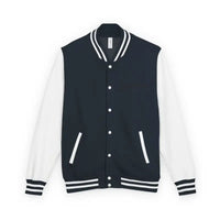Navy blue varsity jacket with white sleeves, striped collar, cuffs, and snap buttons