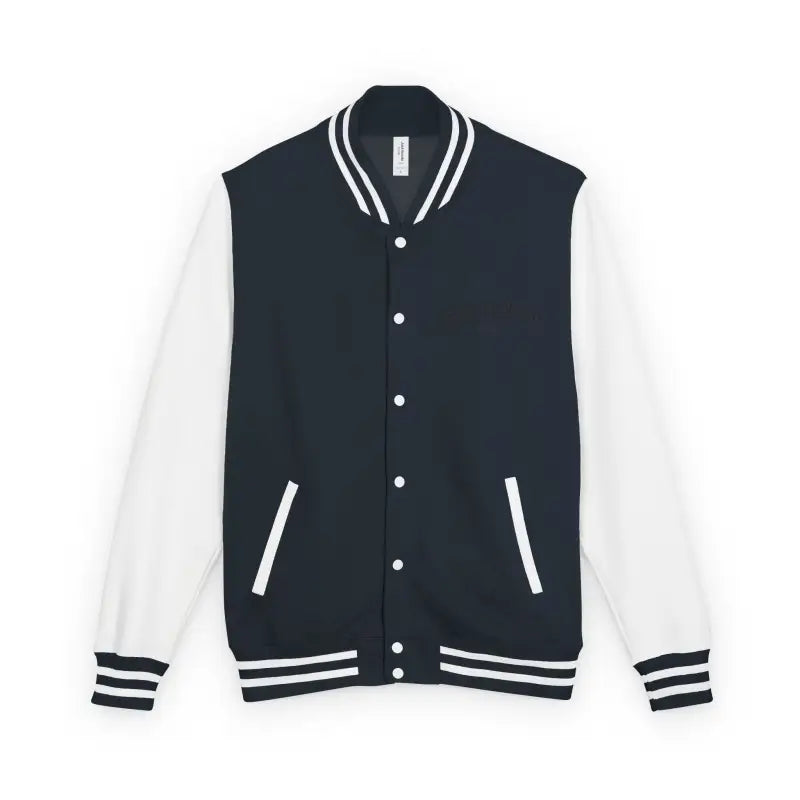 Navy blue varsity jacket with white sleeves, striped collar, cuffs, and snap buttons