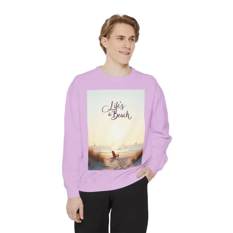Lavender sweatshirt featuring a beach scene from Coastal Style Unisex Beach Life collection