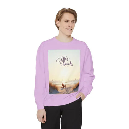 Lavender sweatshirt featuring a beach scene from Coastal Style Unisex Beach Life collection