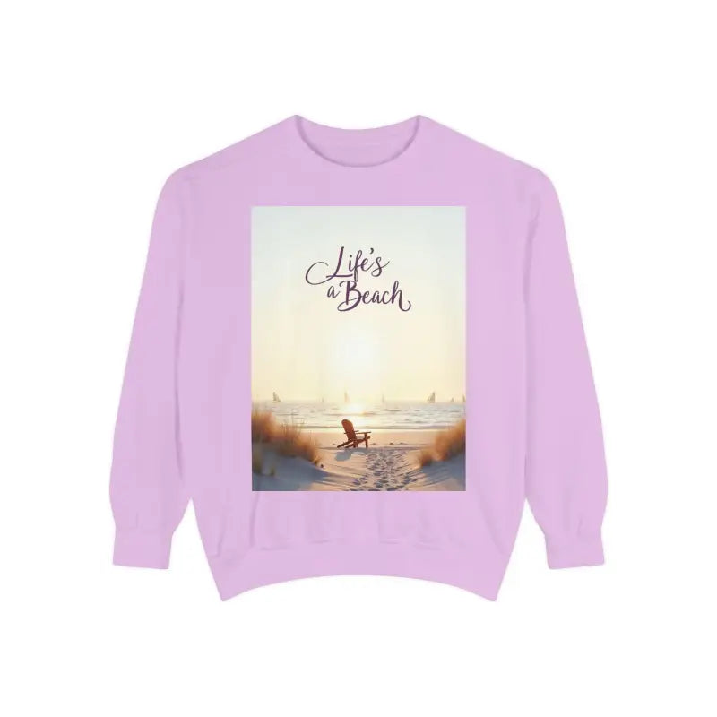 Lilac sweatshirt featuring a beach scene from the Coastal Style Unisex Beach Life collection