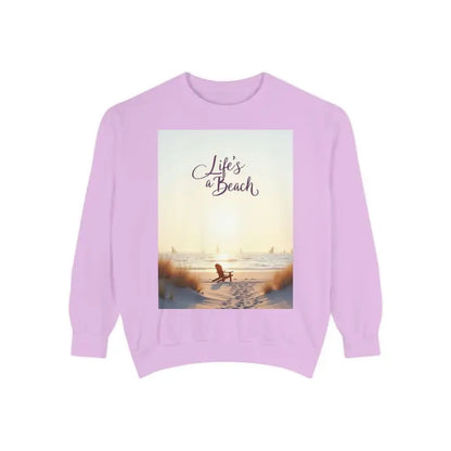 Lilac sweatshirt featuring a beach scene from the Coastal Style Unisex Beach Life collection
