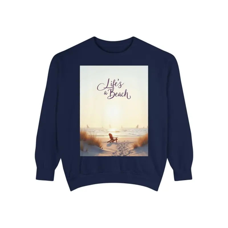 Navy blue sweatshirt featuring a vibrant beach scene from Coastal Style collection