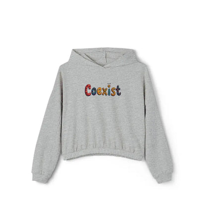 Gray hooded sweatshirt with Coexist text in the Coexist Women’s Cinched Bottom Hoodie