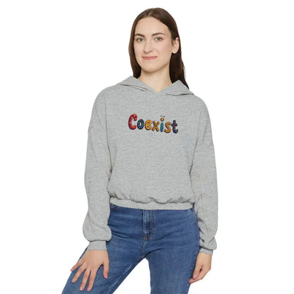 Gray hoodie featuring Coexist text from Coexist Women’s Cinched Bottom Hoodie collection