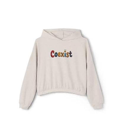 Beige hoodie featuring Coexist text from Coexist Women’s Cinched Bottom Hoodie collection