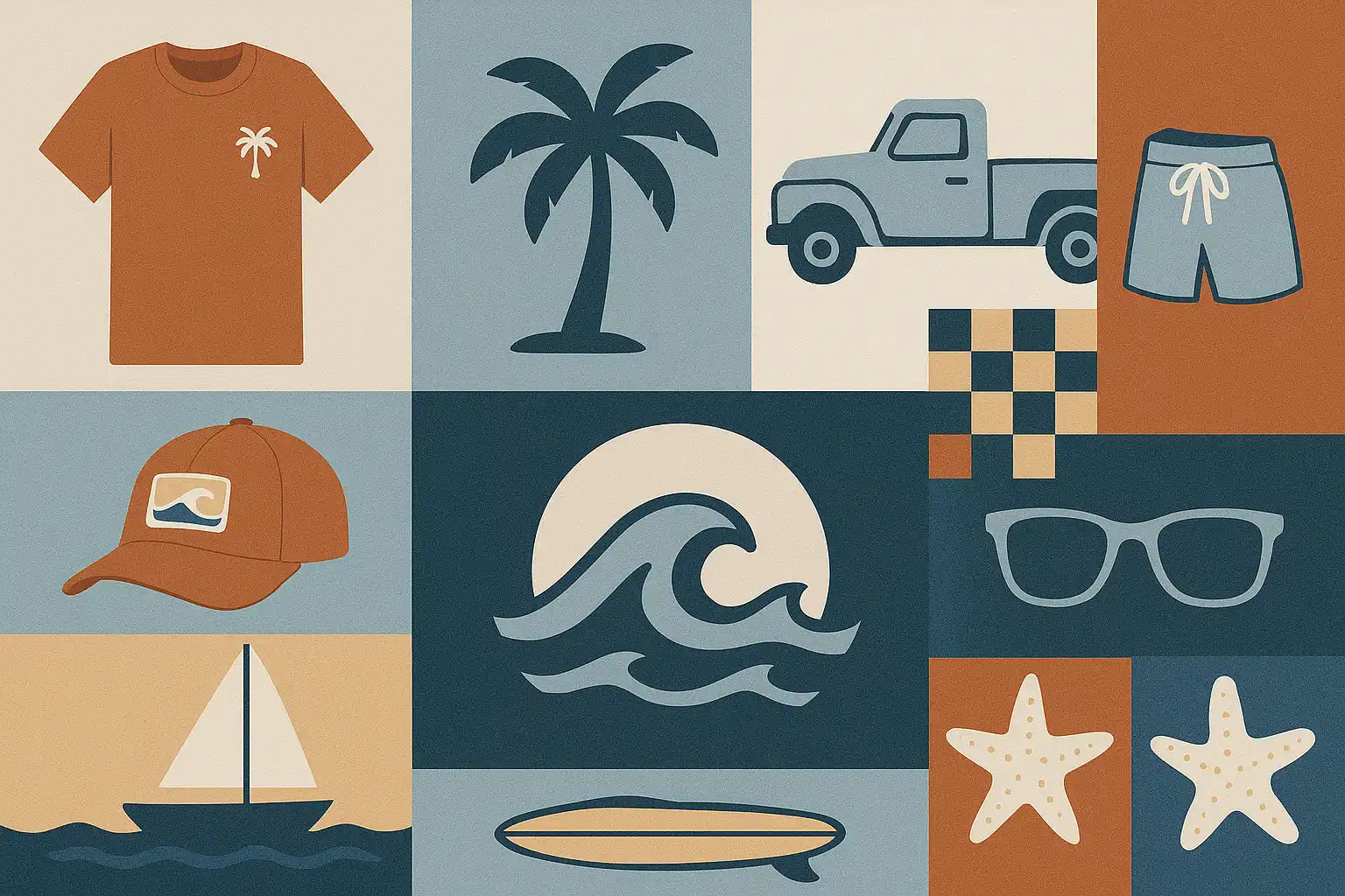 A collection of beach and surf-themed apparel, accessories, and outdoor elements.