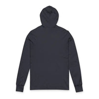 Dark grey long-sleeved hooded sweatshirt with Colorful Brick House Logo design