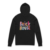 Black hooded long-sleeve sweatshirt with colorful Brick House logo in patterned letters