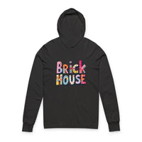 Black long-sleeved hooded sweatshirt with colorful Brick House logo text