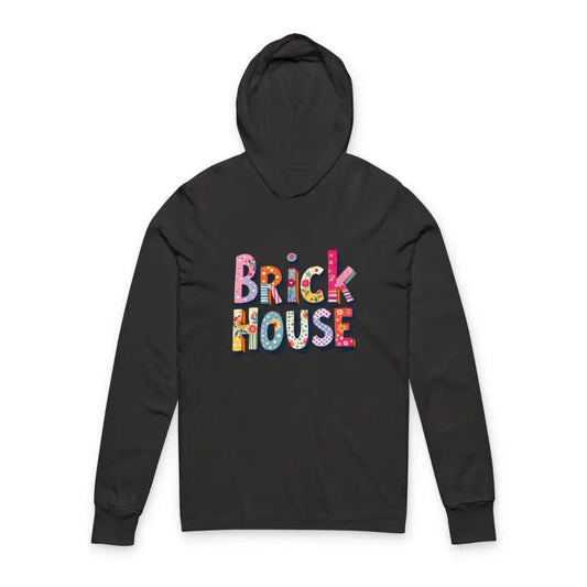 White long-sleeve hoodie featuring colorful Brick House logo graphic