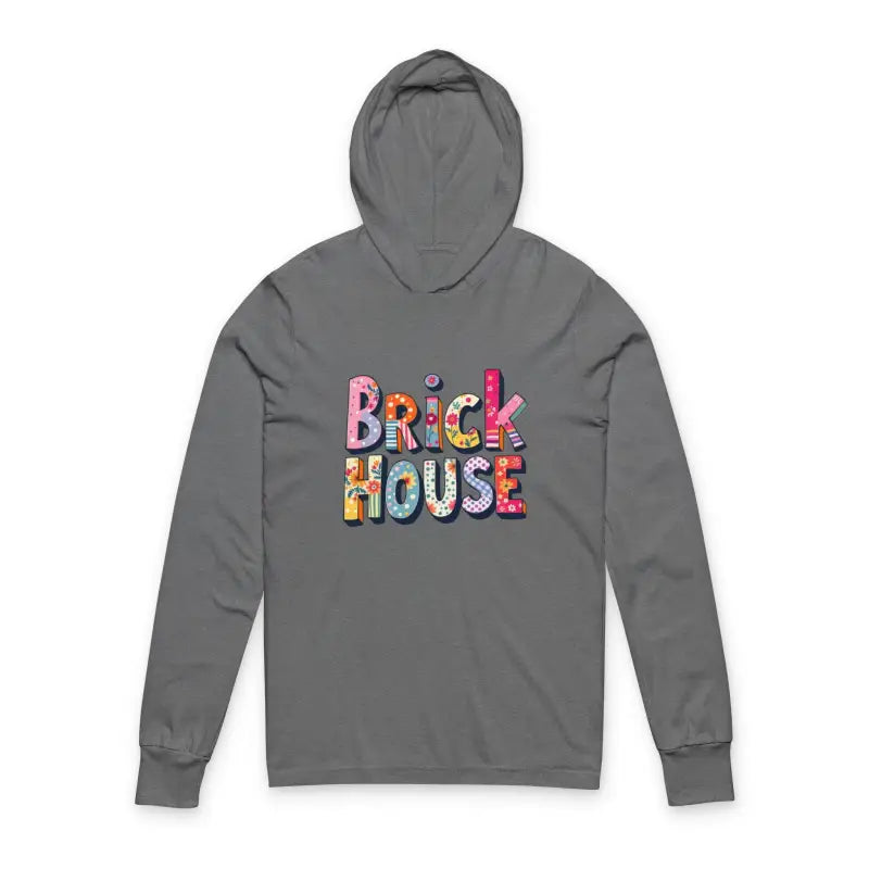 Gray long-sleeved hooded sweatshirt with colorful Brick House logo text