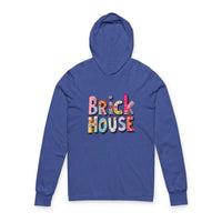 Blue long-sleeved hooded sweatshirt with colorful BRICK HOUSE logo lettering