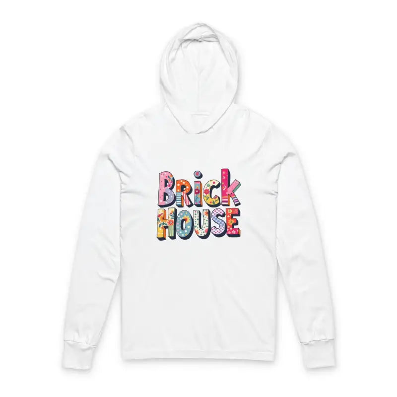 White long-sleeve hoodie featuring colorful Brick House logo graphic