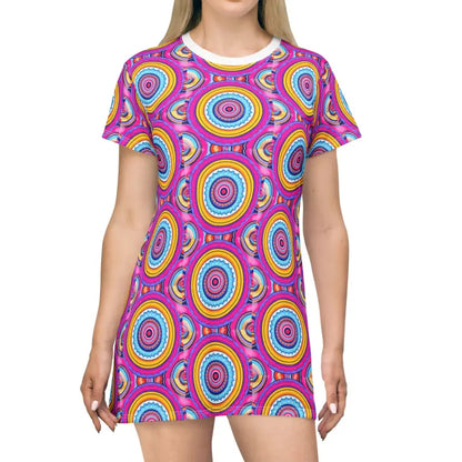 Colorful patterned t-shirt dress showcasing vibrant summer fashion in Boho style