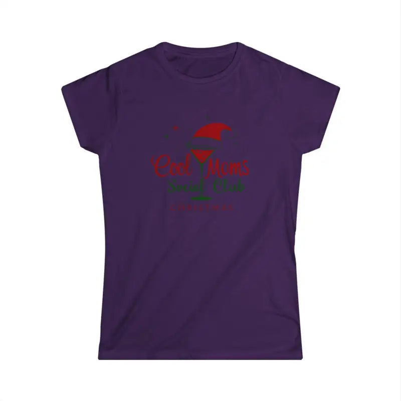 Purple Christmas-themed t-shirt featuring Cool Moms Social Club Martini graphic design