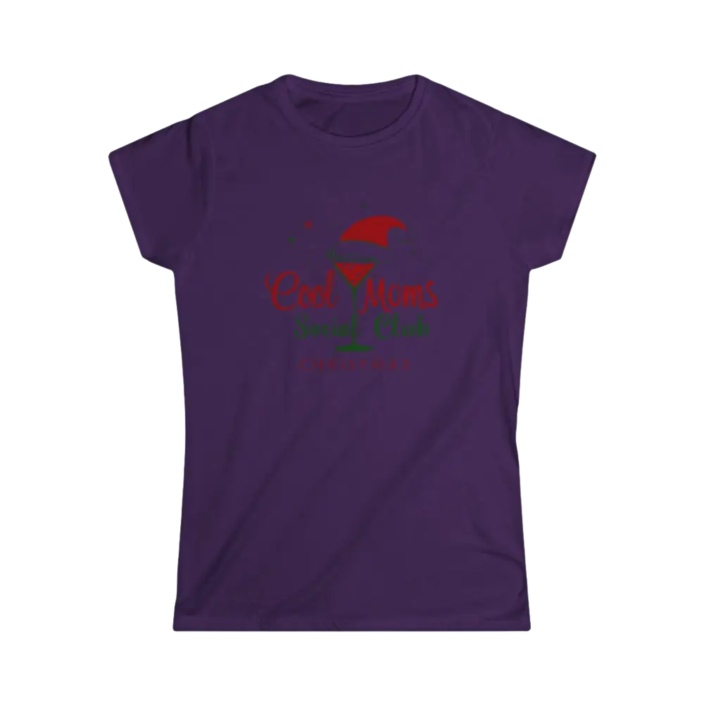 Purple Christmas-themed t-shirt featuring Cool Moms Social Club Martini graphic design