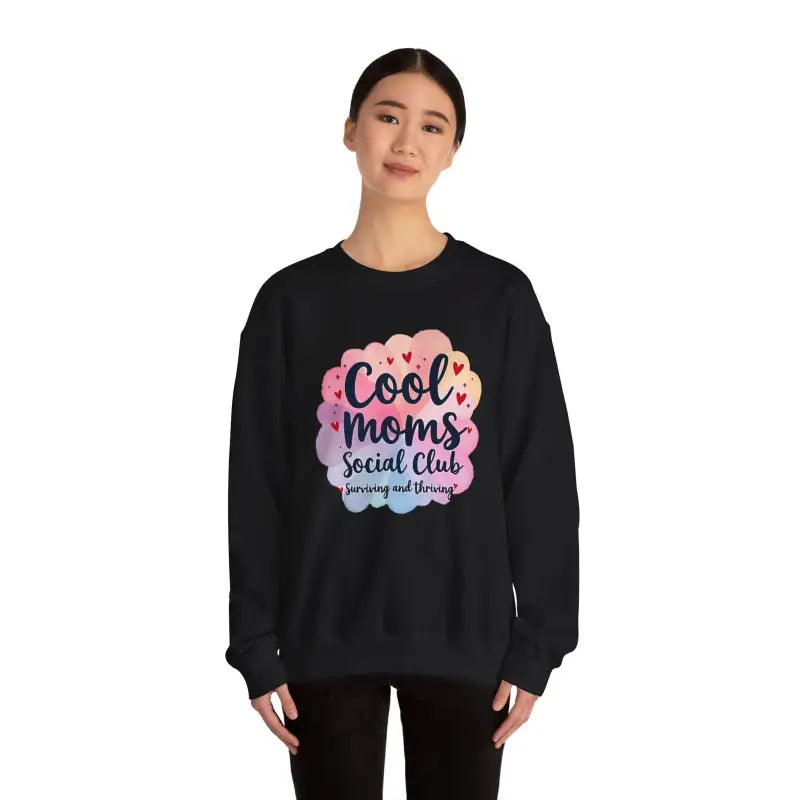 Black Cool Moms Social Club Crewneck Sweatshirt featuring trendy design for stylish moms