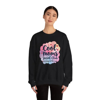 Black Cool Moms Social Club Crewneck Sweatshirt featuring trendy design for stylish moms