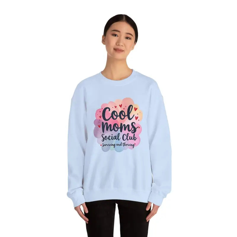 Light blue Cool Moms Social Club Crewneck Sweatshirt showcasing a stylish design