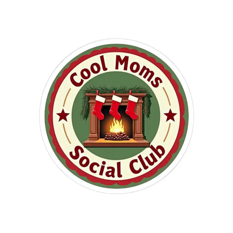 Circular Cool Moms Social Club sticker featuring a cozy fireplace and stockings design