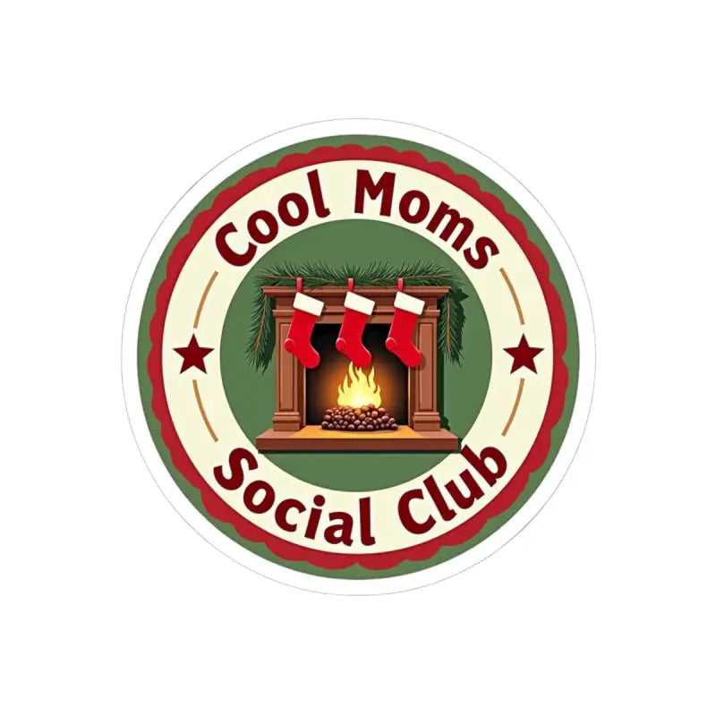 Cool Moms Social Club logo featuring a cozy fireplace and festive stockings